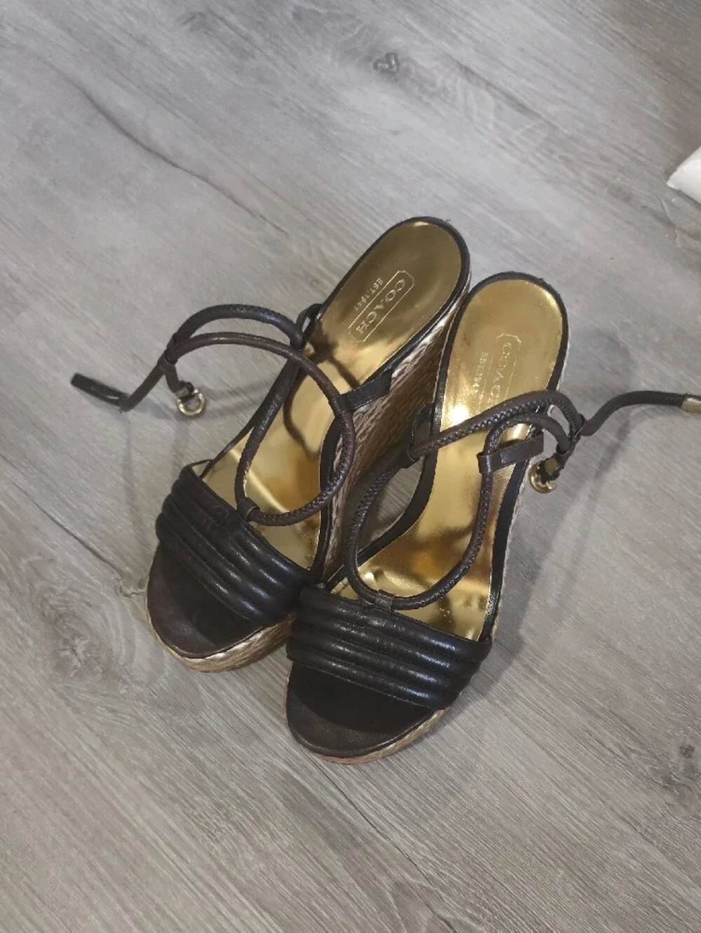 Coach Brown Leather Strappy Platform Heels with Gold Insole